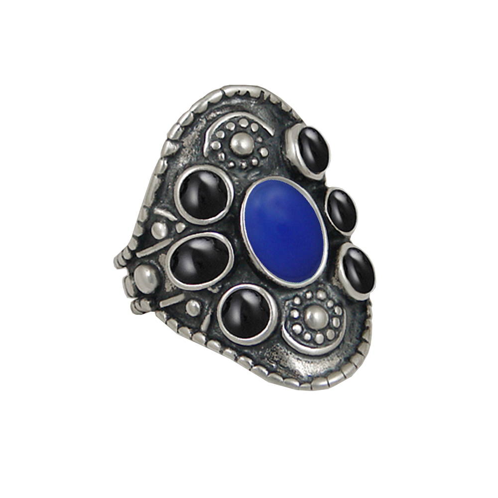 Sterling Silver High Queen's Ring With Blue Onyx And Black Onyx Size 7